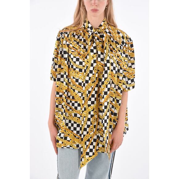 Balenciaga Black White Gold Checked Chain Print Short Sleeve Tie Neck Blouse 40 - Picture 1 of 16